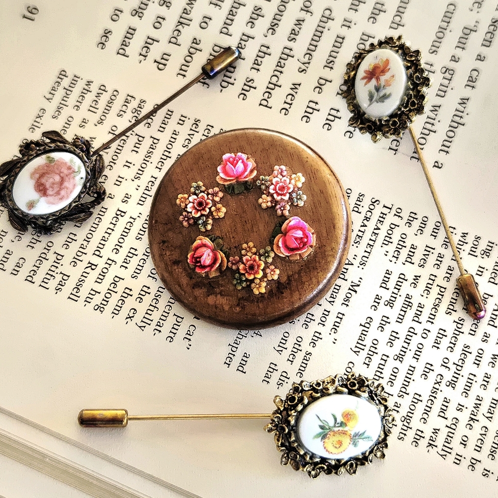 Vtg 1960s 70s Wood + Ceramic Brooch Pins, Cottage, Woody, Fairy